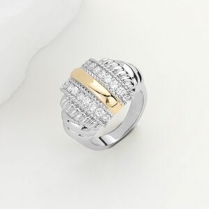Two Tone CZ Stone Size 9 Cocktail Silver Gold Crystal Ring Statement Jewelry